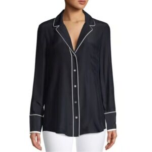 Frame Denim Black Button-Down Silk Shirt with White Piping